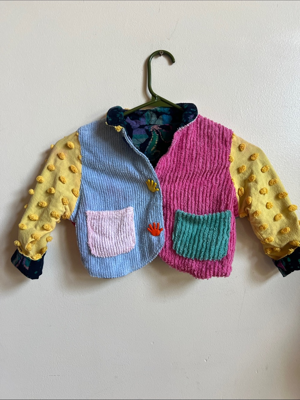 Hand Crafted Multicolor Corduroy Kids Jacket with Pom-Accent Sleeves multi size